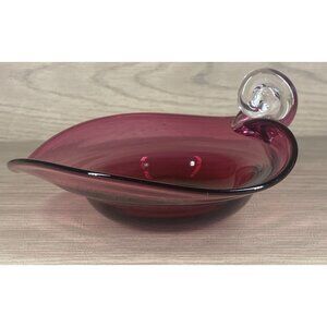 Pilgrim Cranberry Art  Blown Glass Bowl Nappy Candy Dish Clear Spiral Handle